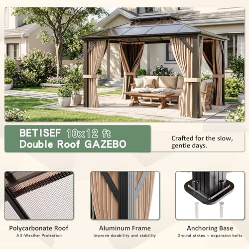BETISEF 10'x12' Hardtop Gazebo, Outdoor Polycarbonate Roof Canopy, Aluminum Frame Permanent Pavilion with Curtains and Netting, Canopy for Garden, Patio, Lawns