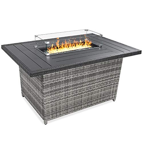 Best Choice Products 52in 50,000 BTU Outdoor Wicker Patio Propane Gas Fire Pit Table w/Aluminum Tabletop, Glass Wind Guard, Clear Glass Rocks, Cover, Slide Out Tank Holder, and Lid - Gray