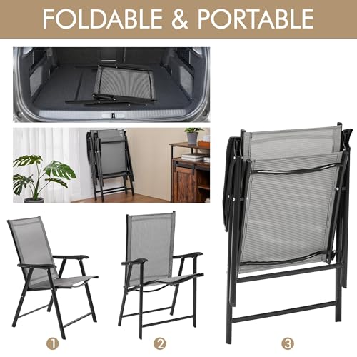 Yaheetech Patio Dining Chairs Set of 4 with Armrests, Outdoor Folding Chairs with Metal Frame and Backrest for Lawn, Garden, Yard and Poolside, Gray