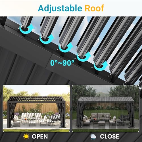 12' x 16' Louvered Pergola, Outdoor Pergola with Curtains & Netting, Metal Patio Pergola with Adjustable Louvers Roof and Gutter System, Metal Hardtop Gazebo for Patio, Deck, Garden, Yard, Dark Gray