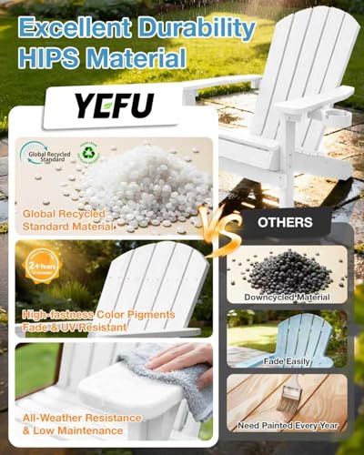 YEFU Adirondack Chair Weather Resistant: Outdoor Chair HIPS Plastic Adirondack Chairs - Patio Chairs with Wood Texture - Lawn Fire Pit Deck Porch Garden Chairs for Adults (White)