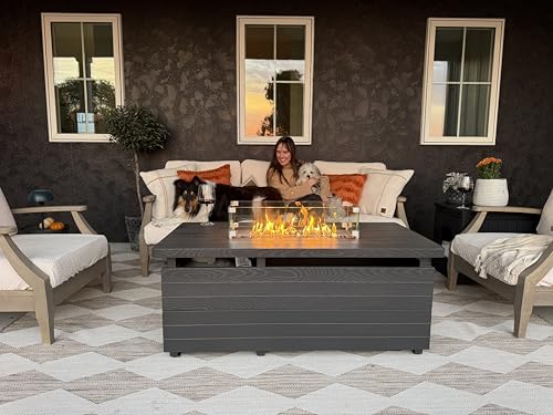 Sundale Outdoor 51 Inch Outdoor Fire Pit Table, 50,000BTU Rectangle Propane Fire Pit with Sliding Tank Holder, Glass Wind Guard, Removable Lid, CSA Certified, Gray