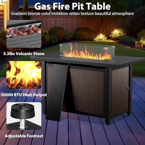Artfurniz 7 Piece Patio Furniture Set with Fire Pit Table - Wicker Patio Conversation Set with Swivel Glider, 3 Seat Sofa, Side Table and 2 Ottomans for Deck Backyard - Brown Wicker Grey Cushion