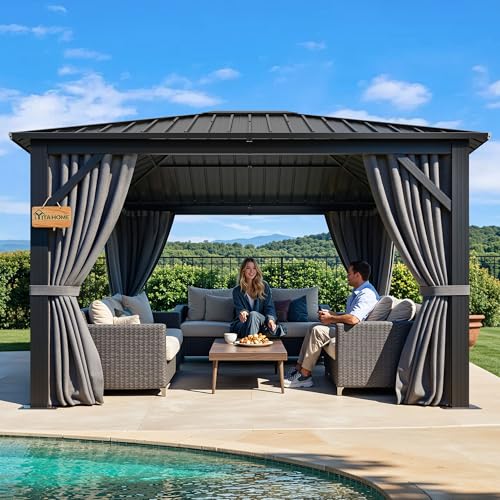 YITAHOME 10'X12' Single Hardtop Gazebo Metal Outdoor Patio Galvanized Iron Aluminum Column Garden Tent Curtains Netting for Backyards Decks Lawns,Gray