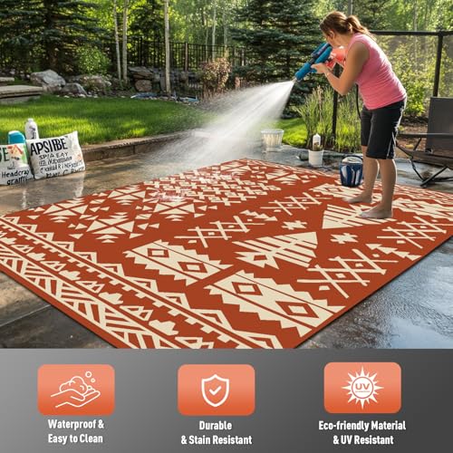 WILDROOTS 5x8 Feet Plastic Exotic Red Outdoor Rug, Stain Resistant Waterproof Reversible Outdoor Patio Rug, Fade Resistant Camping Rug