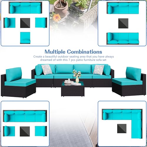 7 Piece Outdoor Patio Furniture Set,Black PE Rattan Wicker Sectional Sofa, All Weather Conversation Set with Washable Cushions & Glass Coffee Table for Backyard Poolside Garden Porch,Blue