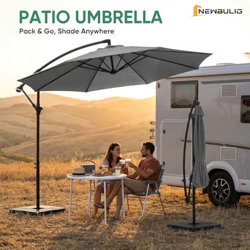 NEWBULIG 10FT Patio Umbrella with Base Included, Offset Cantilever Outdoor Patio Table Umbrella, UV Protection, Fade Resistant Fabric, Easy Tilt Adjustment for Pool, Deck, Garden, Backyard, Gray