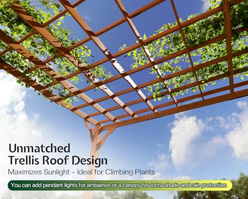 Jocisland 10x12 FT Premium Cedar Wood Pergola with Trellis Roof & Weather-Resistant Support, Outdoor Pergola Kit with Stakes, Garden Gazebo for Patio, Backyard & Events, Reddish-Brown