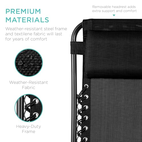 Best Choice Products Set of 2 Adjustable Steel Mesh Zero Gravity Lounge Chair Recliners w/Pillows and Cup Holder Trays - Black