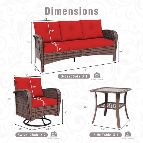 Qsoer 4 Piece Patio Conversation Set - 2 Swivel Chairs 1 Coffee Table 3-Seater Sofa, PE Wicker & Steel Patio Furniture with Heavy-Duty Steel Frame,Weatherproof Cushions, Red