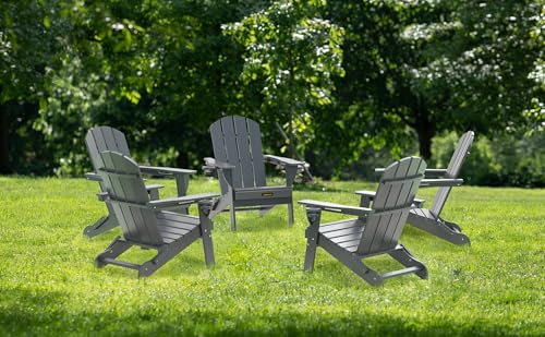 Folding Adirondack Chair, Wooden Textured Plastic Adirondack Chairs with 2 Cup Holder, Weather Resistant HDPE Fire Pit Chair, Outdoor Patio Chairs for Garden, Backyard, Lawn, Deck, 380LBS, Grey