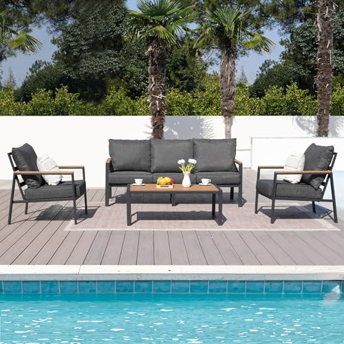 COMLAX FIELD Patio Furniture Set, 4 Pieces Outdoor Furniture Patio Conversation Set with High Back, Faux-Wood Armrest and Tabletop, Outdoor Couch Patio Sofa Set for Balcony, Porch, Backyard, Grey