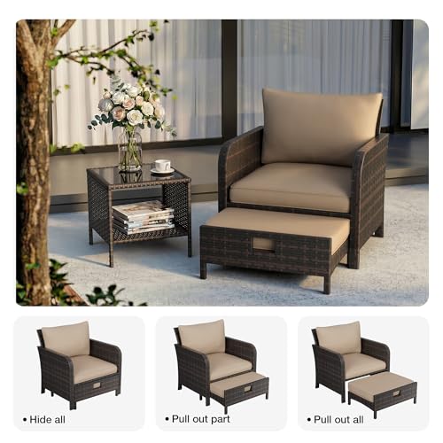 LEVELEVE Patio Conversation Set 5 Piece, Balcony Furniture Outdoor PE Rattan Wicker Lounge Chairs with Soft Cushions, 2 Ottomans & Glass Table for Porch Lawn, Brown (Khaki Cushions