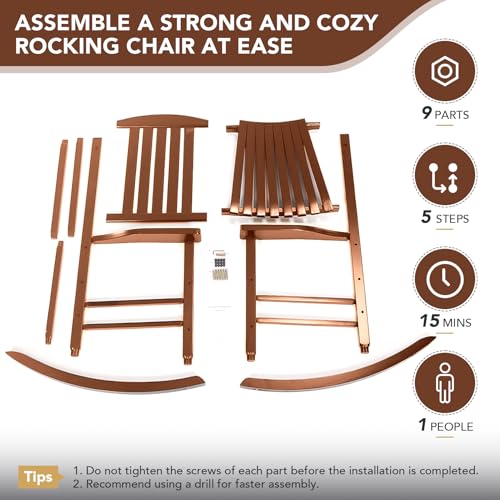 Besunbar Wooden Outdoor Rocking Chair, Oversized Patio Rocking Chair w/400lbs Support & High Backrest | Porch, Lawn, Garden, Backyard，Natural