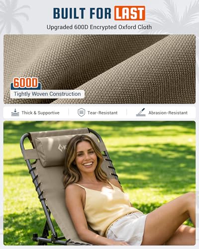 KingCamp Tanning Chair with Face Hole, Lounge Chairs Outdoor Folding Comfy Adjustable 5-Position Lay Flat Foldable Chaise Chaser Lounger for Outside Beach Patio Sun Bathing Pool, Beige