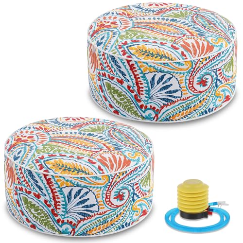 Juexica 2 Pack Inflatable Outdoor Ottoman Pouf Waterproof Round Footrest with Handle D21 x H9 Inch Indoor Outdoor Portable Footstool Pouf for Patio Garden Camping or Home Pool(Boho)
