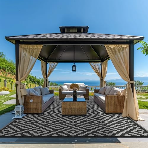 GENIMO Outdoor Rug Waterproof, 10' x 20' Reversible Plastic Straw Rug, Lightweight Large RV Camping Mat for Patio, Deck, Camper, Balcony, Backyard, Picnic, Black & Gray