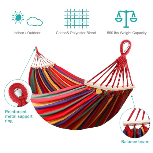 MOSFiATA Hammocks Portable Camping Hammock Upgraded 550lb Comfortable Fabric Hammock with Two Anti Roll Balance Beam and Sturdy Tree Straps for Camping, Patio, Backyard, Outdoor (Colorful Stripe)