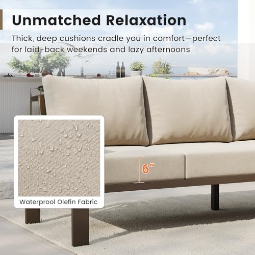 UDPATIO 6 Piece Patio Furniture Set, Metal Outdoor Sectional Sofa with 6" Thick Olefin Cushions, Wide Armrest & Coffee Table, L Shaped Outdoor Furniture for Garden, Backyard Beige