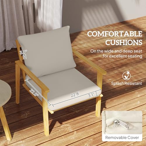 Outsunny Outdoor Bistro Set, 3 Piece Patio Set, Wood Effect Steel Round Table and Chairs with Wide and Deep Seat, Small Conversation Patio Furniture with Cushions for Backyard, Porch, Cream White
