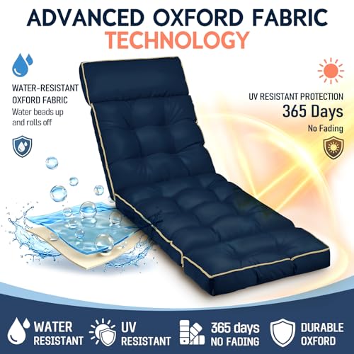 MAGIC ELEPHANT Chaise Lounge Cushion Outdoor, Memory Foam Replacement Patio Pool Lounge Chair Cushion with Ties for Outdoor Furniture, 74 x 22 x 4 Inch (Oxford Blue)
