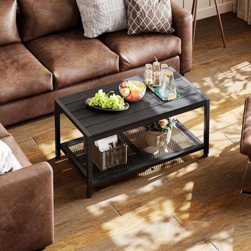 ODK Outdoor Coffee Table with Double-Layer Storage, Rectangle Weather-Resistant Patio Coffee Table for Garden, Balcony, Hot Tub, Poolside, Heavy-Duty Metal Frame, Black
