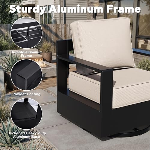 Qsoer Aluminum Patio Swivel Chair - Outdoor Swivel Rocking Chair with 6" Thick Removable Cushions, All-Weather Metal Frame, Deep Setting for Garden, Poolside and Porch