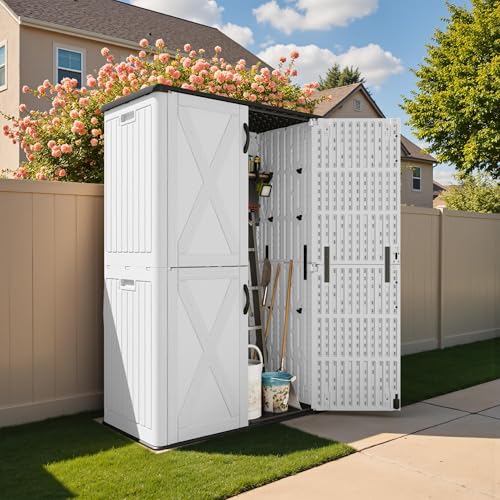 Devoko 50 Cu Ft Plastic Outdoor Storage Shed, Vertical Resin Storage Cabinet with Lockable Door, Durable Storage Shed for Patio Furniture, Pool Toys, Garden Tools, White, Shelf Not Included