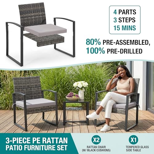 Bezseller 3 Pieces Patio Furniture Set, Outdoor Rattan Bistro Set with Coffee Table, Durable Steel Frame with Strapped Cushions for Garden, Balcony, Poolside, Backyard