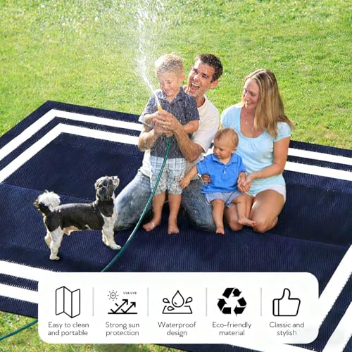 8'x 10' Outdoor Rug,Waterproof Reversible Patio Rugs,8x10 ft Plastic Straw Outdoor Carpet Foldable Plastic Camping Mat for Outside RV, Patio,Picnic,Camper,Balcony,Porch(Navy Blue &White)