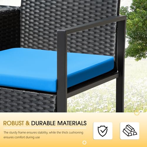Devoko Patio Conversation Sets Outdoor Loveseat with Built-in Table & Cushions Wicker Patio Furniture Porch Chairs Bench for Lawn, Backyard, Balcony (Blue)