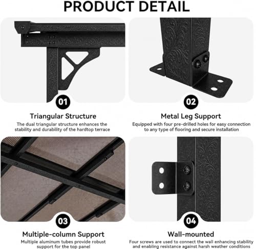 10 x 12 FT Patio Pergola, Heavy Duty Outdoor Metal Lean-to Gazebo, Hardtop Galvanized Steel Pergola with Sloped Polycarbonate Roof for Backyard, Deck, Patio, Black (140.5" L x 119" W x 98.4" H)