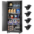 Greenvelly Metal Garage Storage Cabinet with 4 Swivel Wheels, 73” Black Storage Cabinet on Wheels, Rolling Tool Cabinet with Locking Doors and Shelves for Garage, Basement, Home, Warehouse