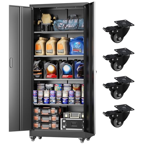 Greenvelly Metal Garage Storage Cabinet with 4 Swivel Wheels, 73” Black Storage Cabinet on Wheels, Rolling Tool Cabinet with Locking Doors and Shelves for Garage, Basement, Home, Warehouse