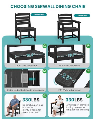 SERWALL Patio Dining Sets for 6 Person, HDPE Dining Set with 6 Armless Chairs, Black