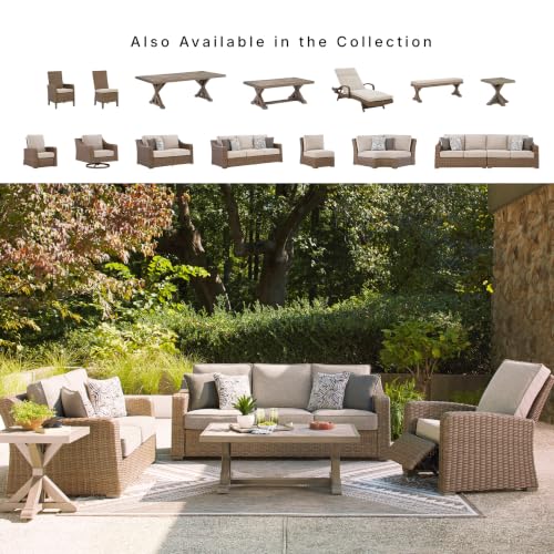 Signature Design by Ashley Carmel Bay Outdoor Sofa, Handwoven Resin Wicker Patio Couch, Rust-Resistant Aluminum Frame, 3-Seater for Backyard or Sunroom, Beige, 84" W