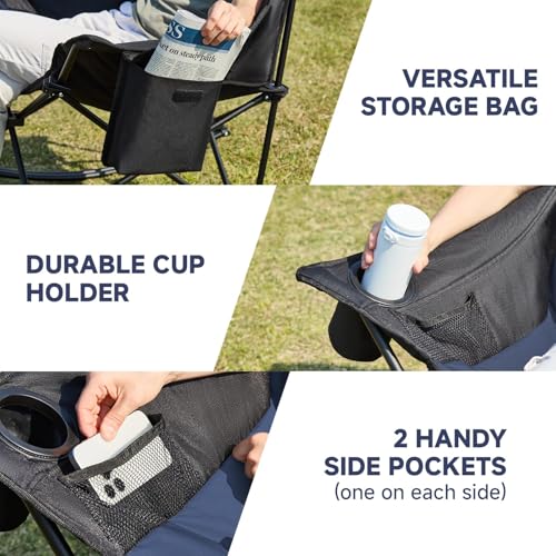 Youtanic Oversized Folding Rocking Camping Chair, Padded Portable Rocking Chair with Pockets, Cup Holder and Carry Bag, Heavy Duty Outdoor Rocker Patio Chair for Garden, Lawn, Up to 400lbs, Navy Blue