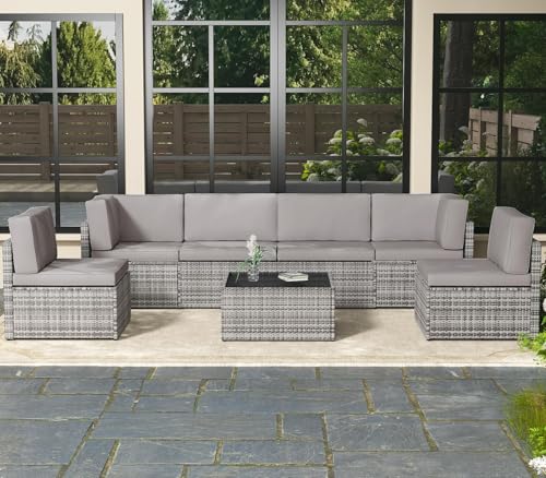 AECOJOY 7 Piece Outdoor Patio Furniture Set, Outdoor Sectional Conversation Furniture Chair with Coffee Table,Patio Sectional for Garden,Backyard(Grey Cushions and Grey PE Rattan, with Cover)