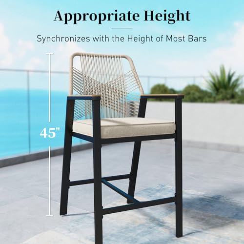 SUNSHINE VALLEY Outdoor Bar Stools Set of 4, Rattan High Top Patio Chairs with Waterproof Cushion and Armrest, All-Weather Bar Height Furniture for Outside Patio Balcony and Pool, Beige