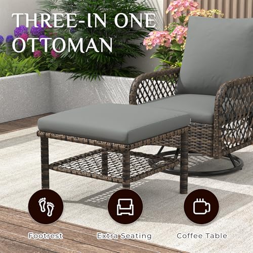 AECOJOY Patio Furniture Set Outdoor Sectional Sofa Couch and High Back Swivel Rocker Patio Chairs 6PCS Brown Wicker Conversation Set (Dark Grey, 6PCS- Whole Set)