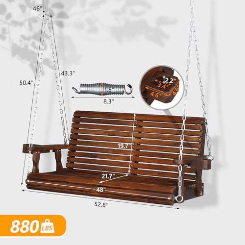 VINGLI XL Size Patio Wooden Porch Swing Outdoor with Cup Holders, Heavy Duty 880 LBS Hanging Swing Chair Bench with Hanging Chains for Yard, Lawn, Garden (4 FT Pro, Rustic)