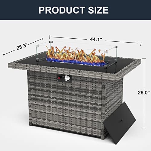 KHOLH 44 Inch Propane Gas Fire Pits Table for Outside Patio, 60000 BTU Rectangular Outdoor Wicker Rattan Fire Pit with Glass Wind Guard