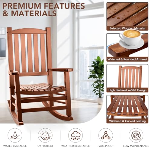 Besunbar Wooden Outdoor Rocking Chair, Oversized Patio Rocking Chair w/400lbs Support & High Backrest | Porch, Lawn, Garden, Backyard，Natural