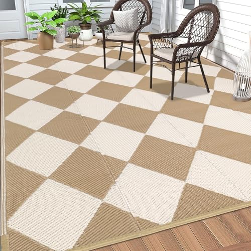 HEBE Outdoor Rug Waterproof 6x9, Checkered Plastic Straw Rug RV Camping Rug, Reversible Outdoor Patio Mat Clearance, Outside Carpet for Porch,Deck,Camper,Balcony