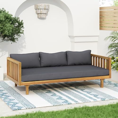 Christopher Knight Home Claremont Patio Sofa and Coffee Table Set, 2 Piece Outdoor Patio Furniture Set with Cushion, Acacia Wood 3 Seater Outdoor Sofa Daybed and Coffee Table Set, Teak+Dark Grey