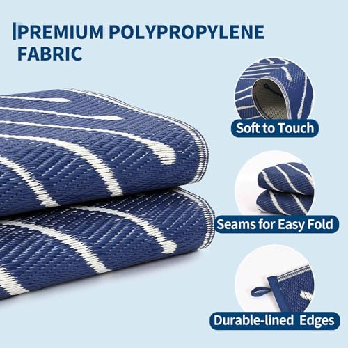 Garvee Striped 5x8 Outdoor Rug Waterproof Reversible Patio Mat, Portable Lightweight Plastic Straw Camping Rug for RV, Balcony, Backyard, Porch, Beach, Picnic, UV Protected & Easy Clean, Navy & White