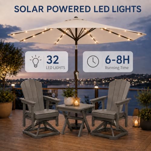 Patio Kingdom 10FT Solar Patio Umbrella with Lights, Outdoor Table Market Umbrella with 32 LED Lights, 8 Sturdy Ribs, Push Button Tilt and Crank for Pool, Deck and Garden, UV-Resistant, Beige