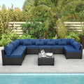 Rattaner 9 Pieces Outdoor Sectional All-Weather Wicker Patio Furniture Set Patio Sectional and Glass Patio Table Non-Slip Cushions and Waterproof Covers, Navy Blue