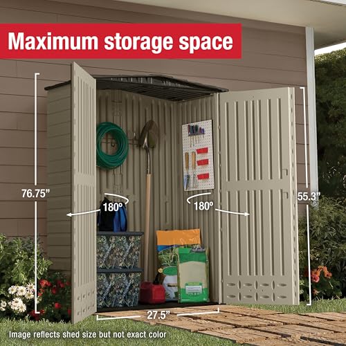 Rubbermaid Small Vertical Resin Outdoor Storage Shed With Floor (2.3 x 4.6 Ft), Weather Resistant, Beige/Brown, Organization for Home/Backyard/Pool Chemicals/Toys/Garden Tools/Porch/Patio Cushions