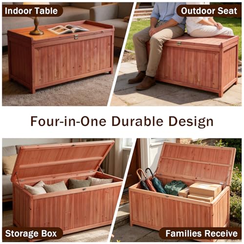 ZEUKMXOO 75 Gallon Wood Deck Box,Outdoor Storage Bench Container for Patio Furniture Cushions, Pillows, Garden Tools,Pool Accessories (Wood)